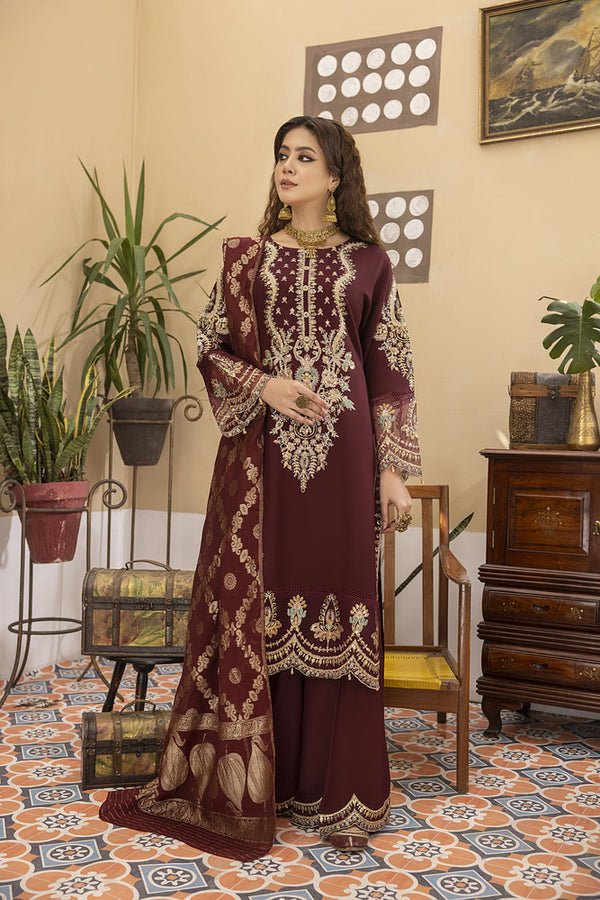 MOSS MEHROON DHANAK EMBROIDERED