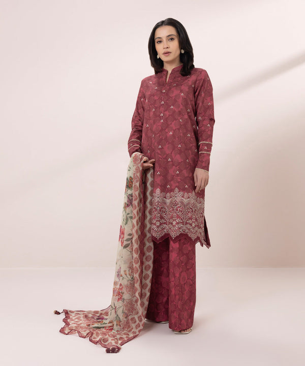 3 PIECE - EMBROIDERED DOBBY SUIT-Unstitched-038