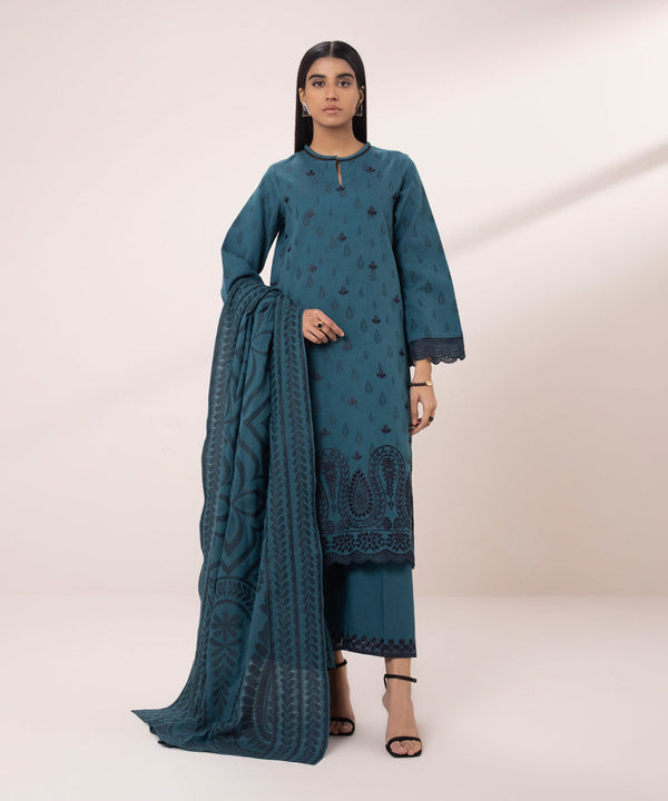 3 PIECE - EMBROIDERED JACQUARD SUIT-Unstitched-028