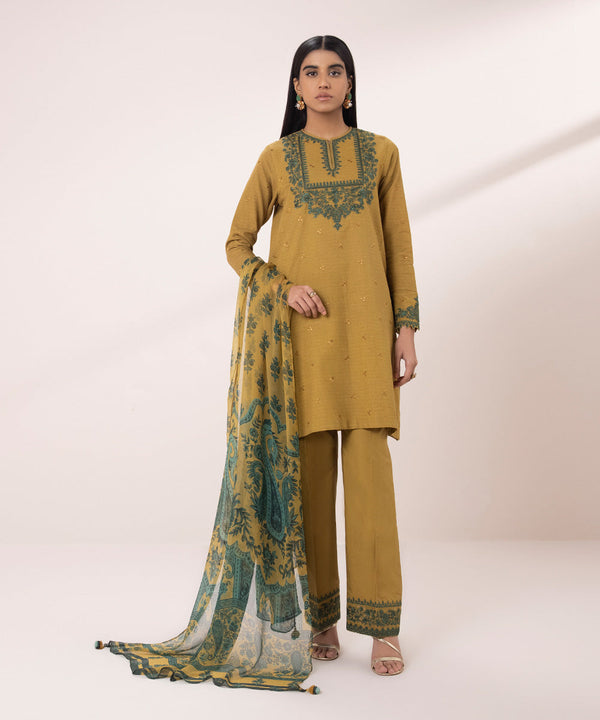 3 PIECE - EMBROIDERED DOBBY SUIT-Unstitched-012