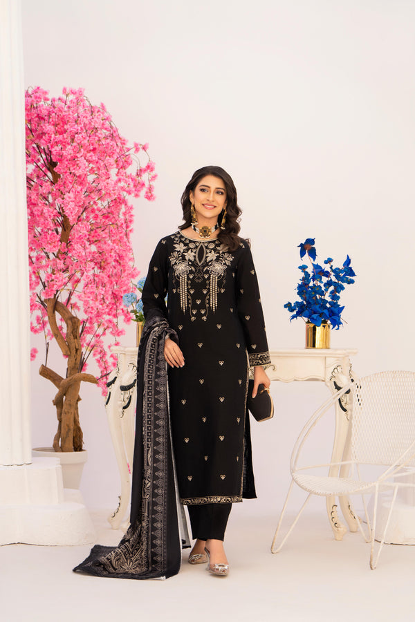 3 Piece Embroidered khaddar Suit - Black