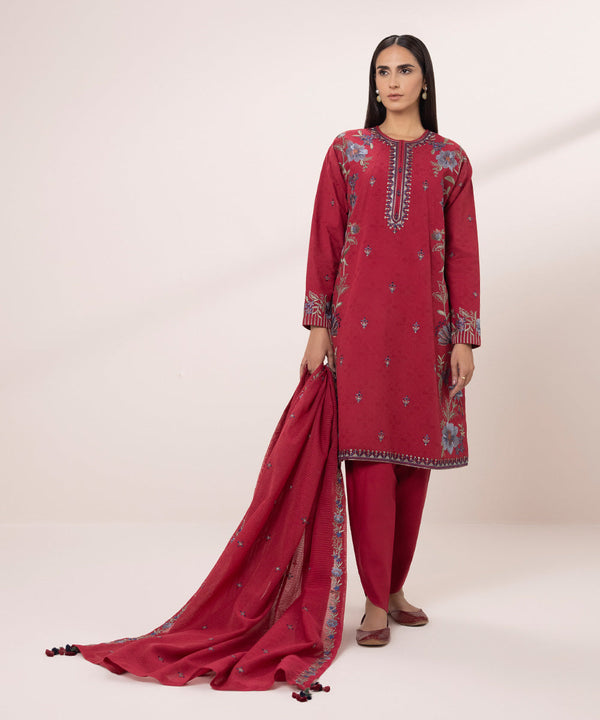 3 PIECE - EMBROIDERED JACQUARD SUIT-Unstitched-023