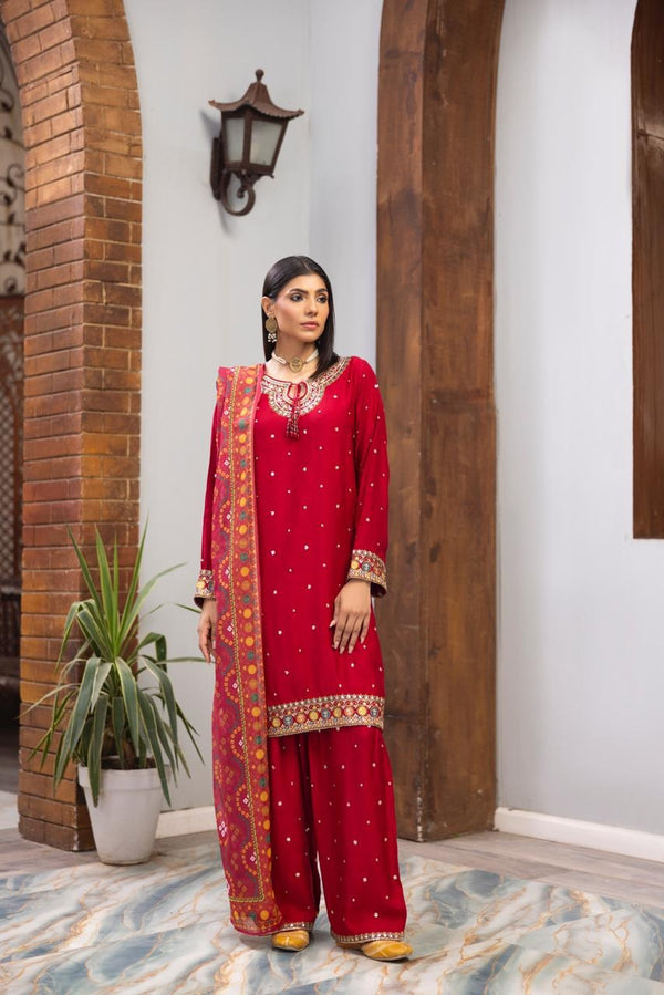 HL-605 | Ruby Red Embroidered Viscose Suit