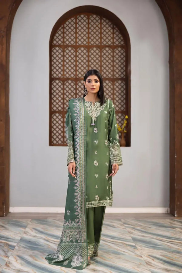 HL-606 | Classic Green Embroidered Viscose Suit