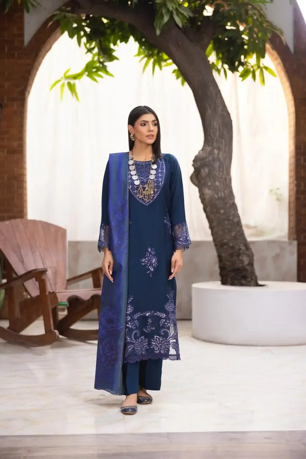 HL-607 | Navy Blue Embroidered Viscose Suit