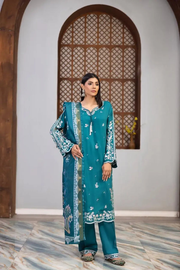 HL-604 | Teal Blue Embroidered Viscose Suit