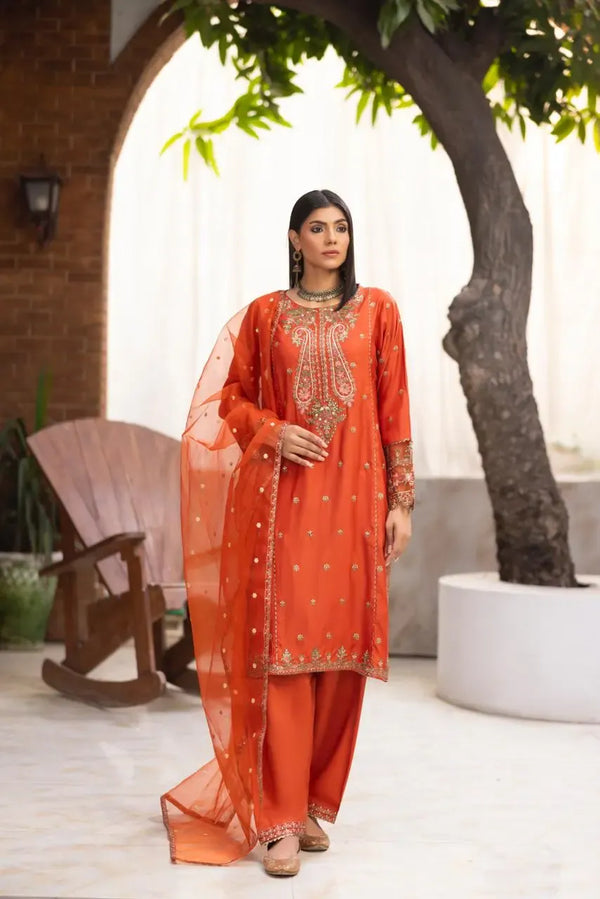 HL-608 | Burnt Orange Embroidered Viscose Suit