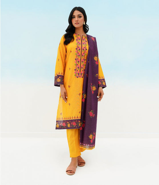 Zellbury-Embroidered Kurta Dupatta Trouser - Yellow - Karandi - 1371