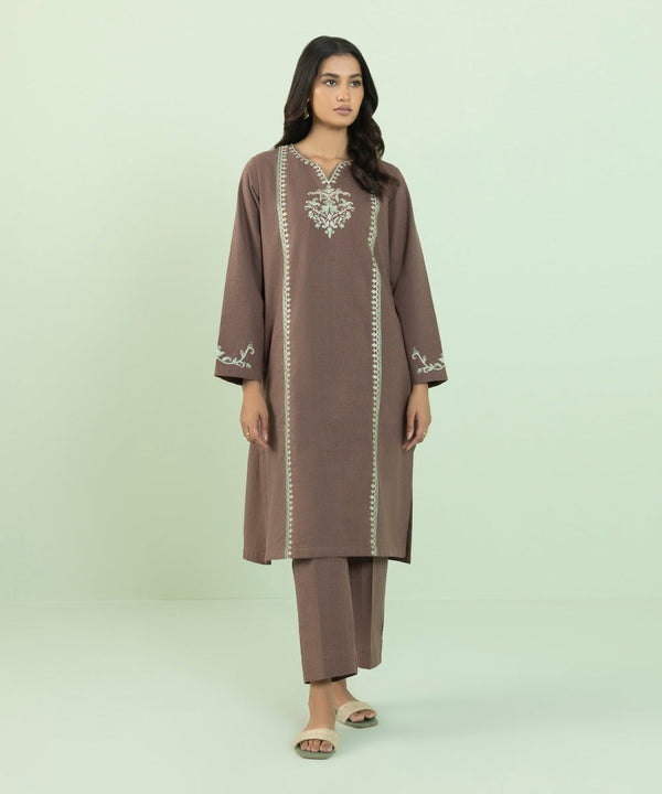 2 PIECE - EMBROIDERED MÉLANGE SUIT_Brown
