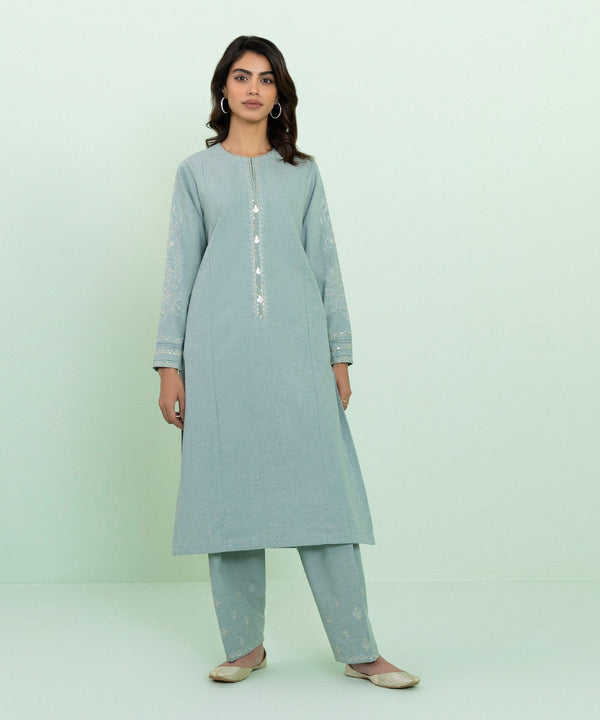 2 PIECE - EMBROIDERED MÉLANGE SUIT_Grey Green