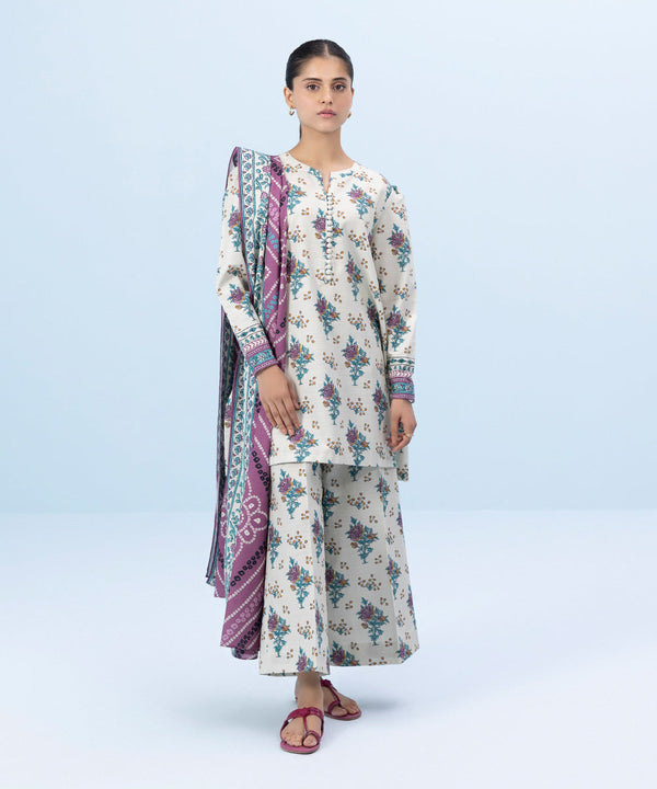 3 PIECE - PRINTED LIGHT KHADDAR SUIT_Off White And Purple