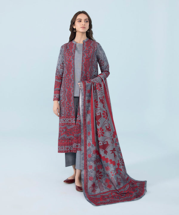 3 PIECE - PRINTED CAMBRIC SUIT_Greyish Blue And Red
