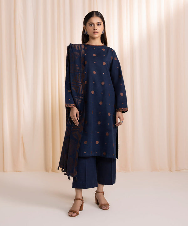 3 piece-Embroidered Khaddar Suit-Blue-UnStitched