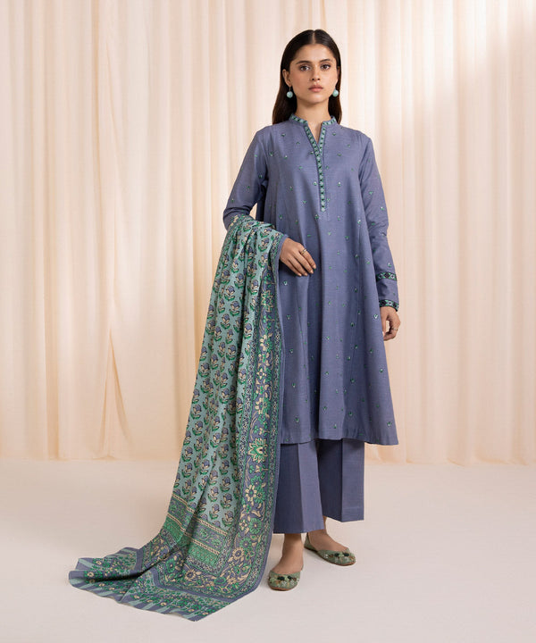 3 PIECE - EMBROIDERED KHADDAR SUIT_Slate blue