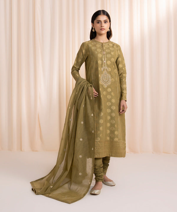 3 PIECE - EMBROIDERED JACQUARD SUIT_Olive Green
